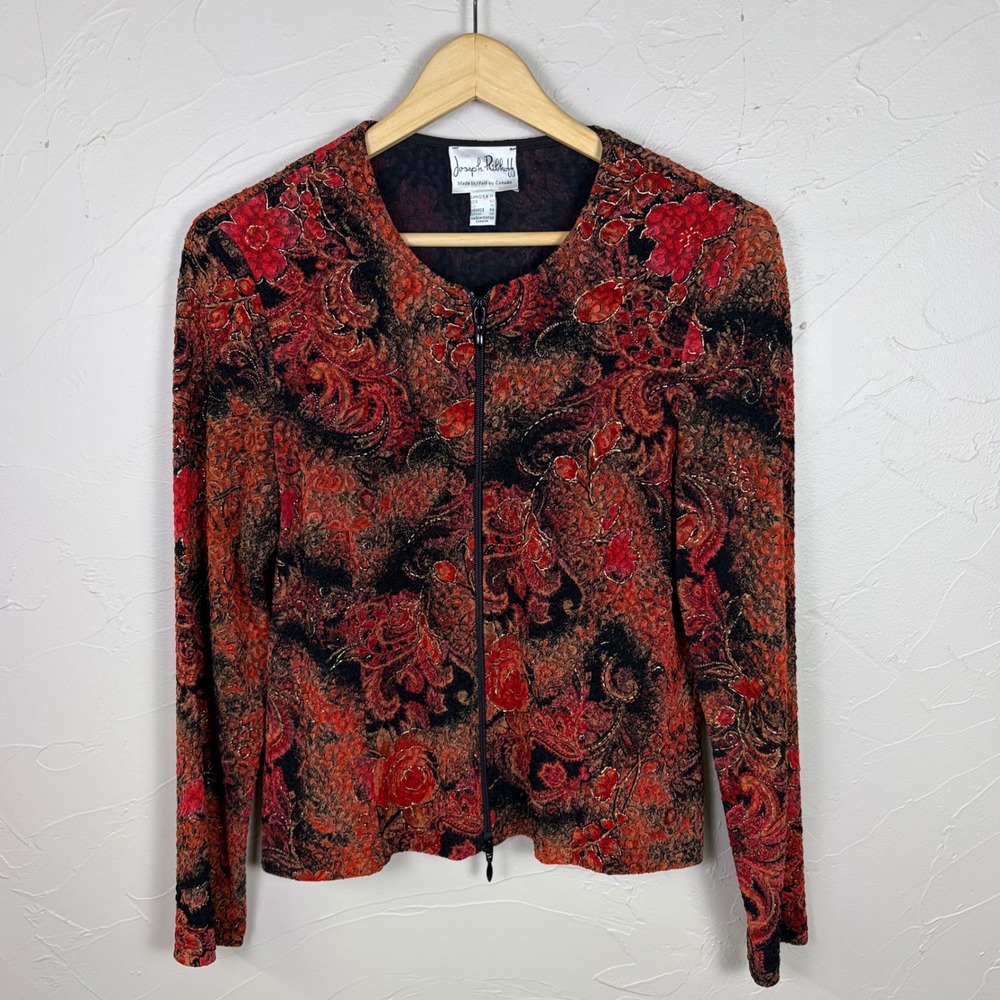 Joseph Ribkoff Vintage 90s Fiery Red Jacket Double Zipper Funky Floral  Designer